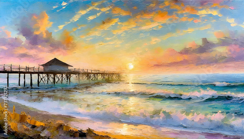 Painting of a view of the sunrise from the beach with waves along shoreline, alongside a pier, with colorful clouds.