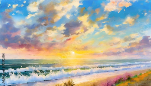 Painting of a view of the sunrise from the beach of the sky with colorful clouds  and ocean waves at the shoreline