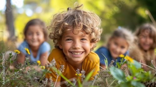 Children outside in garden, surrounded by flowers and nature, advocating the power of outdoor learning and mental well-being.