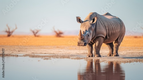 the rhino is in a water hole photo