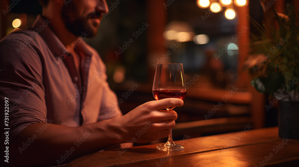 Close up of male hands holding a glass of wine at the bar Close up of male hands holding a glass of wine at the bar