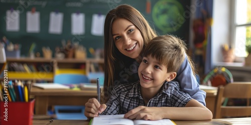Portrait of happy teacher, child or writing in classroom for learning, education and helping for development. Woman teaching, hug or boy student with knowledge, support or notebook at middle school 
