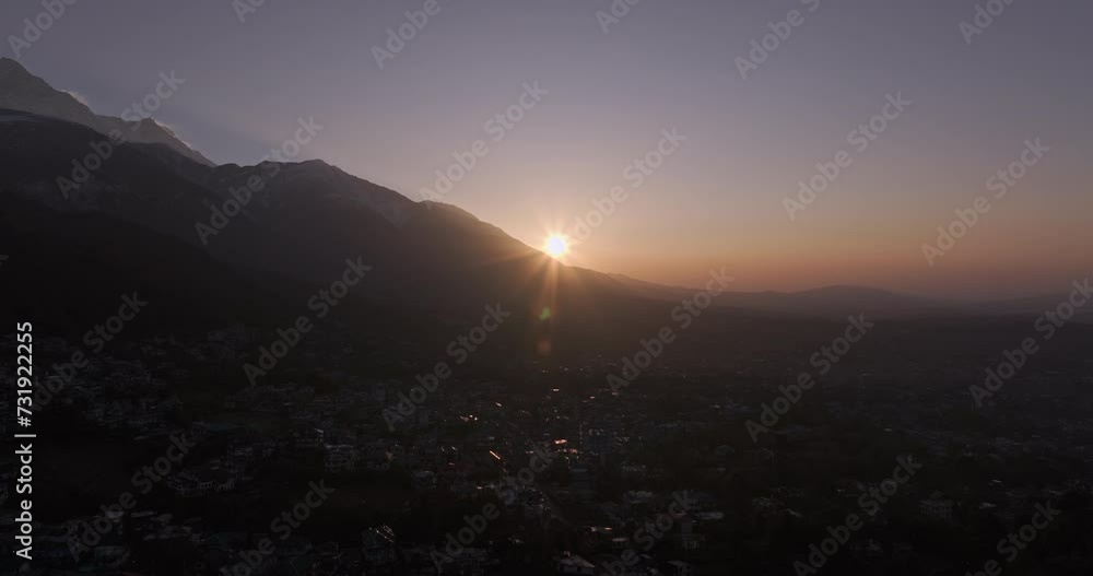 Golden Dawn: Aerial Views of Dharamshala's Morning Majesty with Sunrise & Snow Covered Mountains Golden Dawn: Aerial Views of Dharamshala's Morning Majesty with Sunrise & Snow Covered Mountains