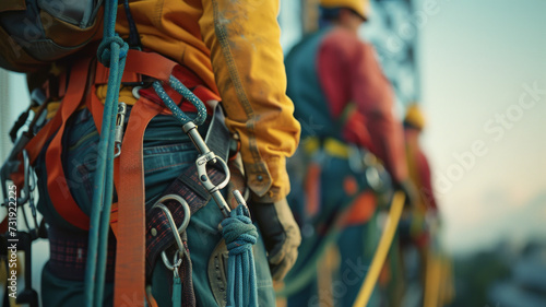 Health and safetyProfessional industrial workers wearing securing harnesses emphasize the importance of safety in high-risk environments. An image conveying both dedication and occupational precaution