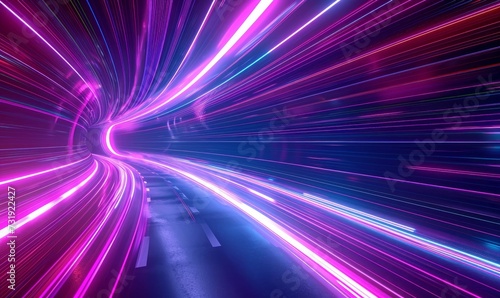 3d render, abstract neon background, space tunnel turning to left, ultra violet rays, glowing lines, virtual reality jump, speed of light, space and time strings, highway night, Generative AI photo