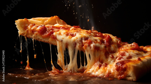 Fototapeta Naklejka Na Ścianę i Meble -  Mouth-watering pizza perfection: Fresh slice with tantalizing, stretchy cheese. Culinary art captured in a single frame