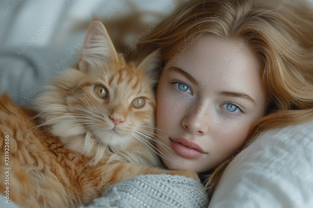 Young woman and ginger cat sharing a tender gaze
