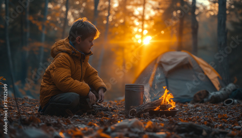 A boy building a fire in a fire pit made out of bucket near the tent in the forest. Starting a campfire- Starting a fire using a fire striker- bushcraft and primitive skills. photo