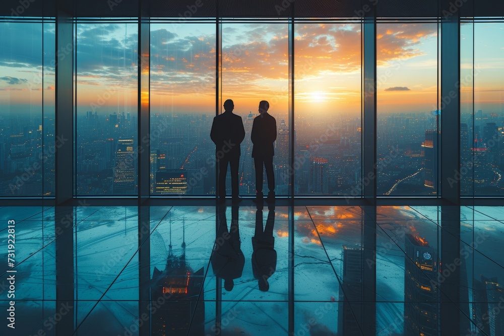 Businessmen silhouette against city skyline at sunset