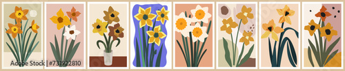 Abstract flower posters set. Trendy botanical wall arts with Daffodil, March birth month flower in hippie style. Modern naive groovy funky interior paintings. Colorful flat vector illustrations.