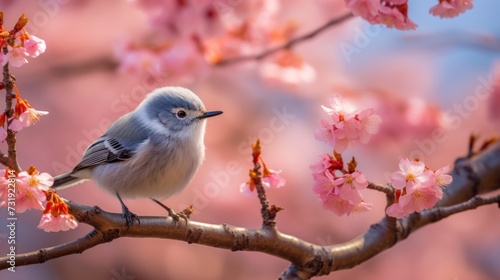 sits perched on a branch of cherry blossom trees