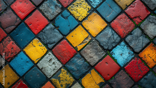 From above, this aerial macro shot reveals the beauty of colorful street tiles crafting an urban mosaic, transforming ordinary pathways into extraordinary works of art