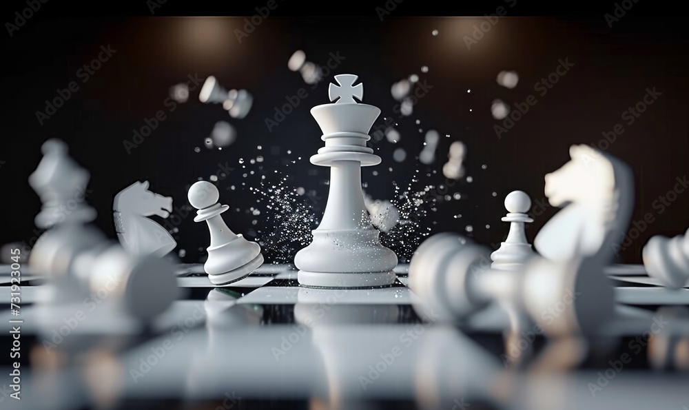 3d animation, chess game battle, white king chess piece jumps down, aggressive attack, all pawns fall down. Successful strategy, champion metaphor, leadership, Generative AI - obrazy, fototapety, plakaty 