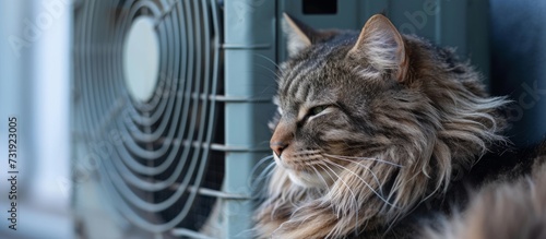 A carnivorous Felidae, the cat, with small to medium-sized body, is sitting in front of a fan, swaying its whiskers and snout. Its fur adds to its terrestrial pet supply event. photo