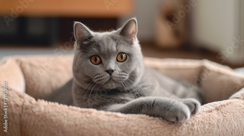 A British shorthair cat lies in her cat bed against the backdrop of the living room. The concept of choosing a pet, hotel for cats, caring for cats.