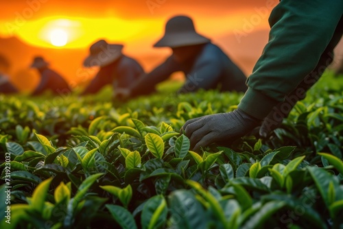 Tea Harvesting at Sunrise with Local Workers.