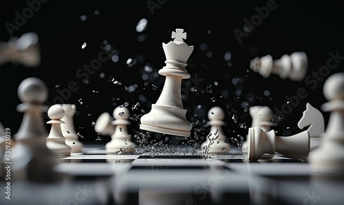 3d animation, chess game battle, white king chess piece jumps down, aggressive attack, all pawns fall down. Successful strategy, champion metaphor, leadership, Generative AI photo