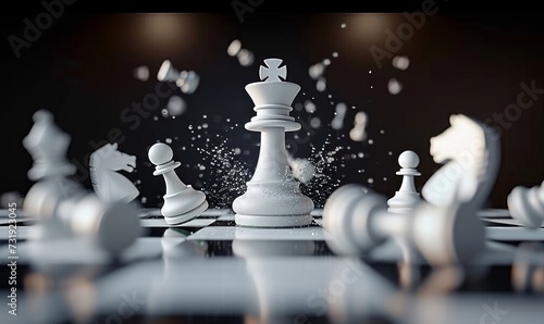 3d animation, chess game battle, white king chess piece jumps down, aggressive attack, all pawns fall down. Successful strategy, champion metaphor, leadership, Generative AI photo
