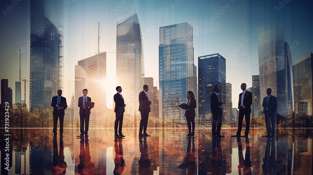 Corporate professionals stands with a cityscape backdrop during sunset.