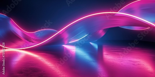 3d render. Abstract neon background. Dynamic lines glowing in the dark with floor reflection. Folded colorful ribbon, Generative AI