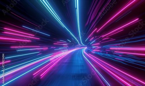 Abstract black background with pink and blue neon glowing lines that extend into the distance, moving through a tunnel to the right. 3d render motion speed of light and hypertunnel. Generative AI