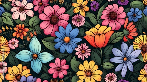 Hand drawn colorful flowers  seamless pattern. Generative Ai