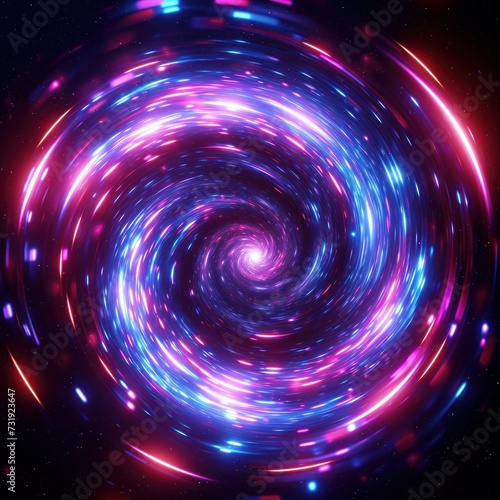 3d render, abstract cosmic background with galaxy and stars. Round vortex. Pink blue neon lines spinning around the black hole, Generative AI