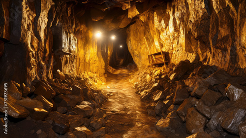 Gold Mine. The hidden world of mining, this image captures the claustrophobic, geological exploration involved in the extraction of valuable minerals from the depths of an underground gold mine. photo