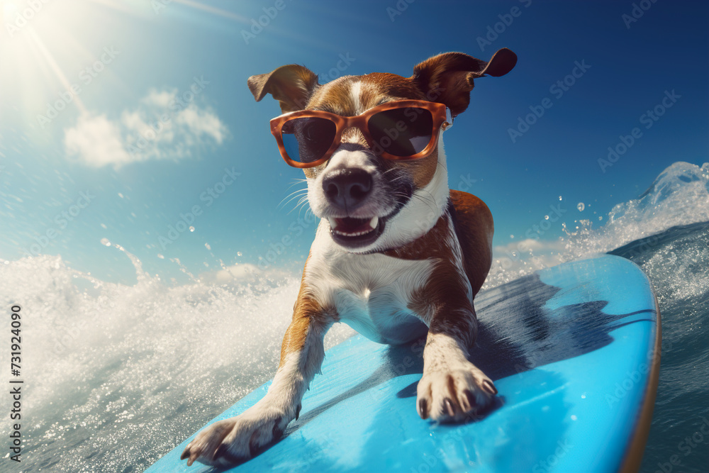 Puppy joyfully surfing on the ocean waves