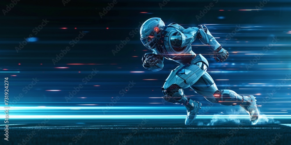 robotic american football player in speed running - obrazy, fototapety, plakaty 