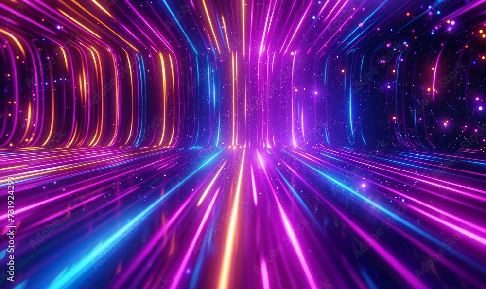cycled 3d animation. Abstract background with ascending colorful neon lines, glowing trails, Generative AI