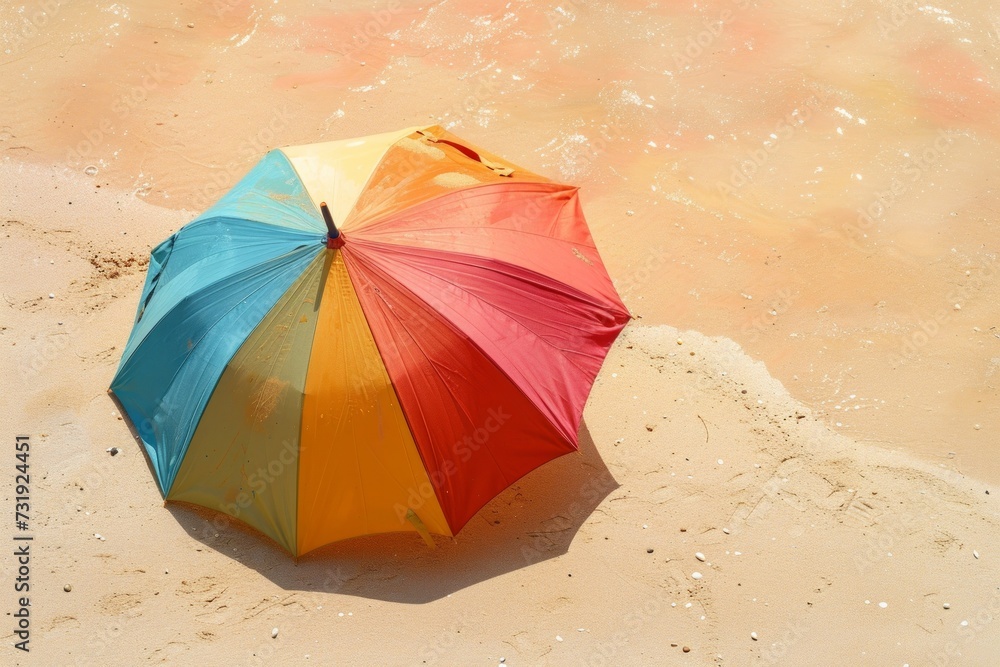 rainbow colored umbrella on desert sandy beach. Minimal summer leisure concept. Generative AI