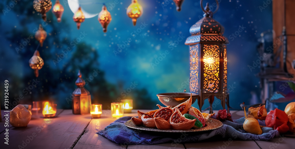 Ramadan Kareem background. Ramadan lanterns with dates and meat, Fantasy landscape with mosque, moon and clouds. 3D illustration