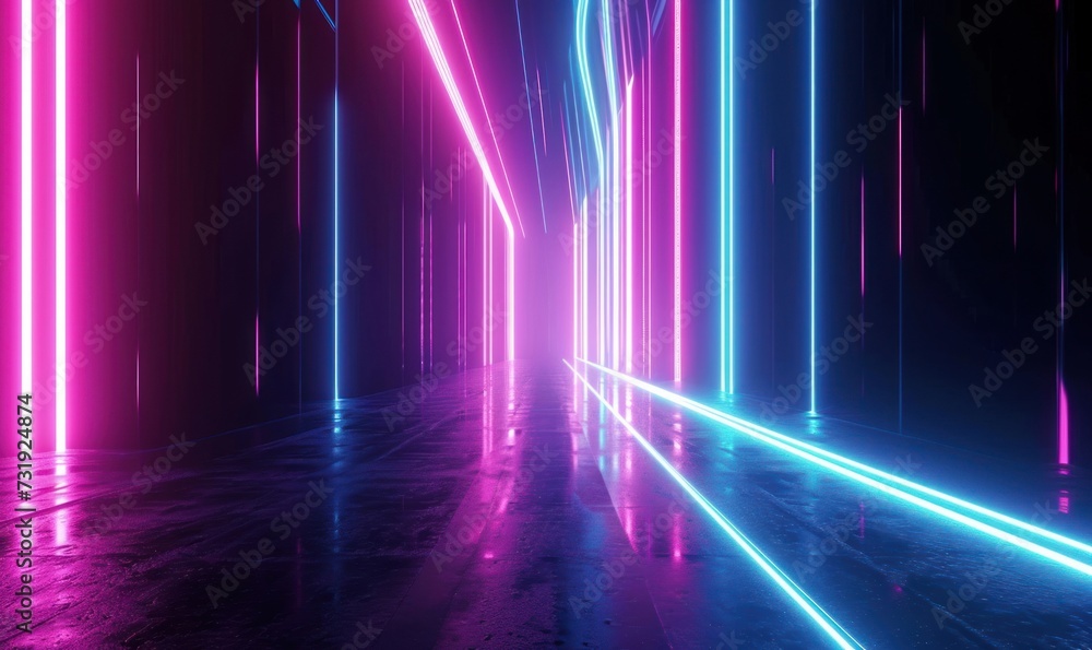 3d animation, abstract black background with pink blue neon lines go up and disappear, Generative AI