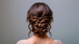 A woman with a sophisticated updo hairstyle poses for the camera, highlighting the beauty and craftsmanship of her hair