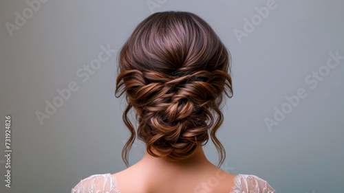 A woman with a sophisticated updo hairstyle poses for the camera, highlighting the beauty and craftsmanship of her hair photo