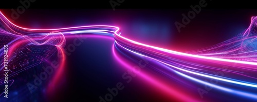 3d render. Abstract background of neon ribbon. Fluorescent ines glowing in the dark room with floor reflection. Fantastic panoramic wallpaper. Digital, Generative AI photo