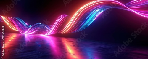 3d render. Abstract background of neon ribbon. Fluorescent ines glowing in the dark room with floor reflection. Fantastic panoramic wallpaper. Digital, Generative AI photo