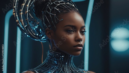 artificial intelligence, black cyborg girl, black girl with artificial intelligence, artificial intelligence in human form photo