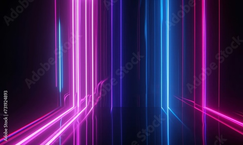 3d animation, abstract black background with pink blue neon lines go up and disappear, Generative AI