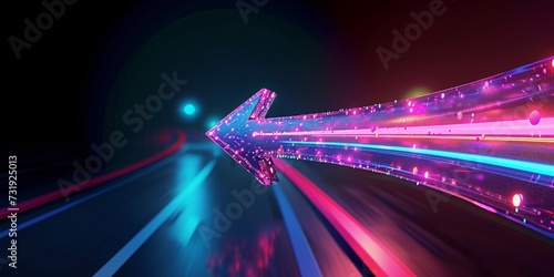 3d render, abstract neon arrow turns right. Speed and technology concept. Glowing pink blue lines and bokeh lights, Generative AI