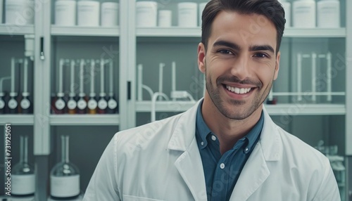 a male laboratory assistant, a guy in the laboratory, a male medical worker, a laboratory assistant photo