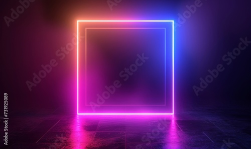 3d render, abstract geometric background with neon square frame glowing with gradient light in the dark. Futuristic showcase for product presentation, Generative AI