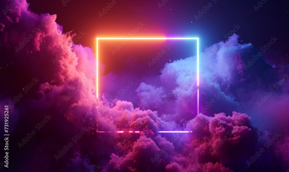 looping 3d animation. Abstract neon background with glowing square shape and spinning cloud. Blank geometric frame in the sky, Generative AI - obrazy, fototapety, plakaty 