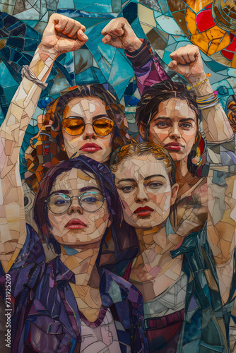 Feminist artwork featuring diverse women with raised fists, representing resilience and determination