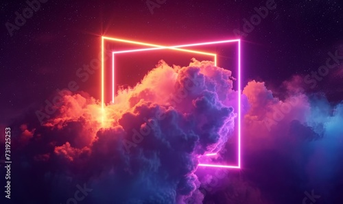 looping 3d animation. Abstract neon background with glowing square shape and spinning cloud. Blank geometric frame in the sky, Generative AI