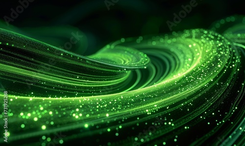 3d render. Abstract fantastic background. Green neon loop. Glowing particles streaming jet curvy trajectory, Generative AI