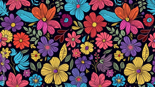 Hand drawn colorful flowers seamless pattern. Generative Ai