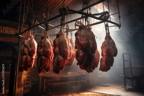 Smoked Ham. Culinary nostalgia captured: a rustic scene of ham suspended in a vintage smokehouse, evoking savoury aromas, culinary tradition, and artisanal mastery photo