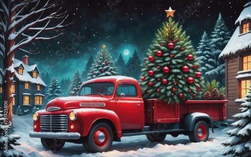 Christmas background. christmas tree branches with cones on a dark background, red ball, garland and a truck with a christmas tree